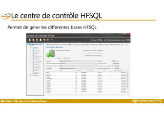 Le centre de contrôle HFSQL 
Permet de gérer les différentes bases HFSQL 
WinDev 19, les fondamentaux alphorm.com™© 
 