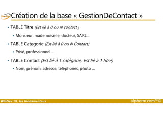 Création de la base « GestionDeContact » 
• TABLE Titre (Est lié à 0 ou N contact ) 
 Monsieur, mademoiselle, docteur, SARL… 
• TABLE Categorie (Est lié à 0 ou N Contact) 
 Privé, professionnel… 
TABLE Contact (Est lié à 1 catégorie, Est lié à 1 titre) 
•  Nom, prénom, adresse, téléphones, photo … 
WinDev 19, les fondamentaux alphorm.com™© 
 