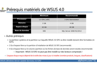 Prérequis matériels de WSUS 4.0 
Minimum Recommandé 
Processeur 1,4 GHz (x64) 3 GHz biprocesseur 
Mémoire 2 GB 4 GB 
Espace disque 20 GB 40 GB 
Base de données IDB SQL Server 2008 R2/2012 
• Autres prérequis 
 La partition système et la partition sur laquelle WSUS 3.0 SP2 va être installé doivent être formatées en 
NTFS. 
 2 Go d'espace libre sur la partition d’installation de WSUS 3.0 SP2 (recommandé) 
 4 Go d'espace libre sur le volume /partition où les fichiers de base de données seront stockés (recommandé) 
• Important : WSUS 3.0 SP2 ne peut pas être installé sur des lecteurs compressés ! 
• L’espace disque requis dépend de la taille des mises à jour à installer (nombre produits, langues, classifications) 
WSUS (Windows Server Update Services) 3.0 SP2 alphorm.com™© 
 