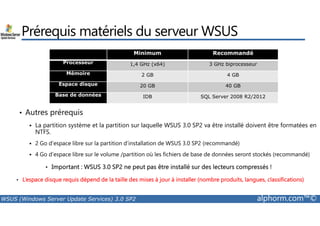Prérequis matériels du serveur WSUS 
Minimum Recommandé 
Processeur 1,4 GHz (x64) 3 GHz biprocesseur 
Mémoire 2 GB 4 GB 
Espace disque 20 GB 40 GB 
Base de données IDB SQL Server 2008 R2/2012 
• Autres prérequis 
 La partition système et la partition sur laquelle WSUS 3.0 SP2 va être installé doivent être formatées en 
NTFS. 
 2 Go d'espace libre sur la partition d’installation de WSUS 3.0 SP2 (recommandé) 
 4 Go d'espace libre sur le volume /partition où les fichiers de base de données seront stockés (recommandé) 
• Important : WSUS 3.0 SP2 ne peut pas être installé sur des lecteurs compressés ! 
• L’espace disque requis dépend de la taille des mises à jour à installer (nombre produits, langues, classifications) 
WSUS (Windows Server Update Services) 3.0 SP2 alphorm.com™© 
 