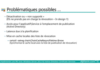 Problématiques possibles … 
• Désactivation ou « non supporté » 
(Efs ne prends pas en charge la révocation – In design !!) 
• Accès pour l’applicatifService à l’emplacement de publication 
(Active Directory) 
• Latence due à la planification 
• Mise en cache locales des liste de révocation 
 certutil -setreg chainChainCacheResyncFiletime @now 
(Synchronise le cache local avec la liste de publication de révocation) 
Implémenter une PKI avec Windows Server 2012 R2 Active Directory Certificate Services alphorm.com™© 
 