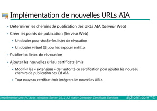 Implémentation de nouvelles URLs AIA 
• Déterminer les chemins de publication des URLs AIA (Serveur Web) 
• Créer les points de publication (Serveur Web) 
 Un dossier pour stocker les listes de révocation 
 Un dossier virtuel IIS pour les exposer en http 
• Publier les listes de révocation 
• Ajouter les nouvelles url au certificats émis 
 Modifier les « extensions » de l’autorité de certification pour ajouter les nouveau 
chemins de publication des Crl AIA 
 Tout nouveau certificat émis intégrera les nouvelles URLs 
Implémenter une PKI avec Windows Server 2012 R2 Active Directory Certificate Services alphorm.com™© 
 