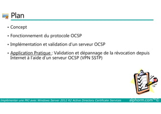 Plan 
• Concept 
• Fonctionnement du protocole OCSP 
• Implémentation et validation d’un serveur OCSP 
• Application Pratique : Validation et dépannage de la révocation depuis 
Internet à l’aide d’un serveur OCSP (VPN SSTP) 
Implémenter une PKI avec Windows Server 2012 R2 Active Directory Certificate Services alphorm.com™© 
 