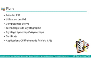 Plan 
• Rôle des PKI 
• Utilisation des PKI 
• Composantes de PKI 
• Technologies de Cryptographie 
• Cryptage SymétriqueAsymétrique 
• Certificats 
• Application : Chiffrement de fichiers (EFS) 
La partie de l'image avec l'ID de relation rId3 n'a pas été trouvé dans le fichier. 
Implémenter une PKI avec Windows Server 2012 R2 Active Directory Certificate Services alphorm.com™© 
 
