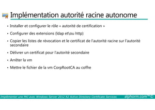 Implémentation autorité racine autonome 
• Installer et configurer le rôle « autorité de certification » 
• Configurer des extensions (ldap etou http) 
• Copier les listes de révocation et le certificat de l’autorité racine sur l’autorité 
secondaire 
• Délivrer un certificat pour l’autorité secondaire 
• Arrêter la vm 
• Mettre le fichier de la vm CorpRootCA au coffre 
Implémenter une PKI avec Windows Server 2012 R2 Active Directory Certificate Services alphorm.com™© 
 