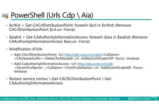 PowerShell (Urls Cdp  Aia) 
• $crllist = Get-CACrlDistributionPoint; foreach ($crl in $crllist) {Remove- 
CACrlDistributionPoint $crl.uri -Force} 
• $aialist = Get-CAAuthorityInformationAccess; foreach ($aia in $aialist) {Remove- 
CAAuthorityInformationAccess $aia.uri -Force} 
• Modification d’Urls 
 Add-CAcrlDistributionPoint -Uri http://pki.corp.com/pki/CaName 
CRLNameSuffixDeltaCRLAllowed.crl -AddtoCertificateCDP -Force -Verbose 
 Add-CaAuthorityInformationAccess –Uri http://pki.corp.com/pki 
ServerDnsName_CaNameCertificateName.crt -AddtocertificateAIA -Force - 
Verbose 
• Restart-service certsvc  Get-CACRLDistributionPoint  Get- 
CAAuthorityInformationAccess 
Implémenter une PKI avec Windows Server 2012 R2 Active Directory Certificate Services alphorm.com™© 
 