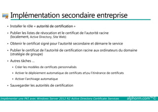 Implémentation secondaire entreprise 
• Installer le rôle « autorité de certification » 
• Publier les listes de révocation et le certificat de l’autorité racine 
(localement, Active Directory, Site Web) 
• Obtenir le certificat signé pour l’autorité secondaire et démarre le service 
• Publier le certificat de l’autorité de certification racine aux ordinateurs du domaine 
(stratégie de groupe) 
• Autres tâches … 
 Créer les modèles de certificats personnalisés 
 Activer le déploiement automatique de certificats etou l’itinérance de certificats 
 Activer l’archivage automatique 
• Sauvegarder les autorités de certification 
Implémenter une PKI avec Windows Server 2012 R2 Active Directory Certificate Services alphorm.com™© 
 