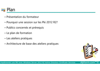 Plan 
• Présentation du formateur 
• Pourquoi une session sur les Pki 2012 R2? 
• Publics concernés et prérequis 
• Le plan de formation 
• Les ateliers pratiques 
• Architecture de base des ateliers pratiques 
Implémenter une PKI avec Windows Server 2012 R2 Active Directory Certificate Services alphorm.com™© 
 