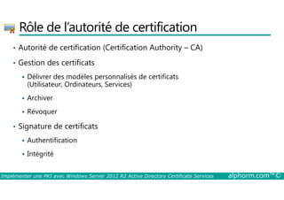 Rôle de l’autorité de certification 
• Autorité de certification (Certification Authority – CA) 
• Gestion des certificats 
 Délivrer des modèles personnalisés de certificats 
(Utilisateur, Ordinateurs, Services) 
 Archiver 
 Révoquer 
• Signature de certificats 
 Authentification 
 Intégrité 
Implémenter une PKI avec Windows Server 2012 R2 Active Directory Certificate Services alphorm.com™© 
 