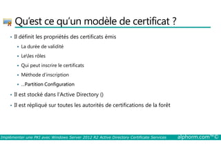 Qu’est ce qu’un modèle de certificat ? 
• Il définit les propriétés des certificats émis 
 La durée de validité 
 Leles rôles 
 Qui peut inscrire le certificats 
 Méthode d’inscription 
 …Partition Configuration 
• Il est stocké dans l’Active Directory () 
• Il est répliqué sur toutes les autorités de certifications de la forêt 
Implémenter une PKI avec Windows Server 2012 R2 Active Directory Certificate Services alphorm.com™© 
 