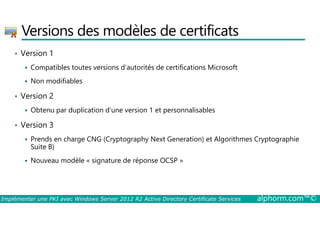 Versions des modèles de certificats 
• Version 1 
 Compatibles toutes versions d’autorités de certifications Microsoft 
 Non modifiables 
• Version 2 
 Obtenu par duplication d’une version 1 et personnalisables 
• Version 3 
 Prends en charge CNG (Cryptography Next Generation) et Algorithmes Cryptographie 
Suite B) 
 Nouveau modèle « signature de réponse OCSP » 
Implémenter une PKI avec Windows Server 2012 R2 Active Directory Certificate Services alphorm.com™© 
 