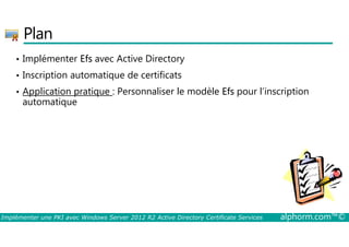 Plan 
• Implémenter Efs avec Active Directory 
• Inscription automatique de certificats 
• Application pratique : Personnaliser le modèle Efs pour l’inscription 
automatique 
Implémenter une PKI avec Windows Server 2012 R2 Active Directory Certificate Services alphorm.com™© 
 