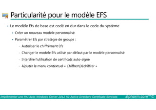 Particularité pour le modèle EFS 
• Le modèle Efs de base est codé en dur dans le code du système 
 Créer un nouveau modèle personnalisé 
 Paramétrer Efs par stratégie de groupe : 
• Autoriser le chiffrement Efs 
• Changer le modèle Efs utilisé par défaut par le modèle personnalisé 
• Interdire l’utilisation de certificats auto-signé 
• Ajouter le menu contextuel « ChiffrerDéchiffrer » 
Implémenter une PKI avec Windows Server 2012 R2 Active Directory Certificate Services alphorm.com™© 
 