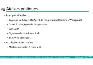 Ateliers pratiques 
• Exemples d’ateliers … 
 Cryptage de fichiers EfsAgent de récupération (Domaine  Workgroup) 
 Cartes à puceAgent de récupération 
 Vpn SSTP 
 Signature de code PowerShell 
 Sites Web Sécurisés … 
• Architecture des ateliers 
 Machines virtuelles (Hyper-V 3) 
Implémenter une PKI avec Windows Server 2012 R2 Active Directory Certificate Services alphorm.com™© 
 