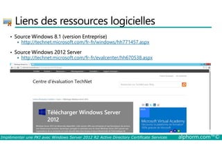 Liens des ressources logicielles 
• Source Windows 8.1 (version Entreprise) 
 http://technet.microsoft.com/fr-fr/windows/hh771457.aspx 
• Source Windows 2012 Server 
 http://technet.microsoft.com/fr-fr/evalcenter/hh670538.aspx 
Implémenter une PKI avec Windows Server 2012 R2 Active Directory Certificate Services alphorm.com™© 
 