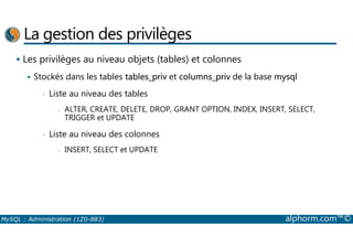 La gestion des privilèges 
 Les privilèges au niveau objets (tables) et colonnes 
 Stockés dans les tables tables_priv et columns_priv de la base mysql 
• Liste au niveau des tables 
- ALTER, CREATE, DELETE, DROP, GRANT OPTION, INDEX, INSERT, SELECT, 
TRIGGER et UPDATE 
• Liste au niveau des colonnes 
- INSERT, SELECT et UPDATE 
MySQL : Administration (1Z0-883) alphorm.com™© 
 