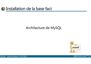 Installation de la base fact 
Architecture de MySQL 
MySQL : Administration (1Z0-883) alphorm.com™© 
 