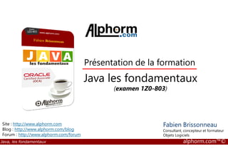 Présentation de la formation 
Java les fondamentaux 
(examen 1Z0-803) 
Fabien Brissonneau 
Consultant, concepteur et formateur 
Objets Logiciels 
Site : http://www.alphorm.com 
Blog : http://www.alphorm.com/blog 
Forum : http://www.alphorm.com/forum 
Java, les fondamentaux alphorm.com™© 
 