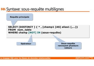 Syntaxe: sous-requête multilignes 
Requête principale 
SELECT [DISTINCT ] { * , [champ1 [AS] alias1 [,...]} 
FROM nom_table 
WHERE champ [NOT] IN (sous-requête) 
Sous-requête 
renvoyant plusieurs 
valeurs 
Opérateur 
Le langage SQL pour les Bases de données relationnelles alphorm.com™© 
 