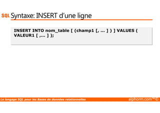 Syntaxe: INSERT d’une ligne 
INSERT INTO nom_table [ (champ1 [, ... ] ) ] VALUES ( 
VALEUR1 [ ,... ] ); 
Le langage SQL pour les Bases de données relationnelles alphorm.com™© 
 