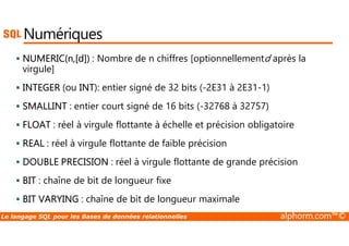 Numériques 
 NUMERIC(n,[d]) : Nombre de n chiffres [optionnellementd après la 
virgule] 
 INTEGER (ou INT): entier signé de 32 bits (-2E31 à 2E31-1) 
 SMALLINT : entier court signé de 16 bits (-32768 à 32757) 
 FLOAT : réel à virgule flottante à échelle et précision obligatoire 
 REAL : réel à virgule flottante de faible précision 
 DOUBLE PRECISION : réel à virgule flottante de grande précision 
 BIT : chaîne de bit de longueur fixe 
 BIT VARYING : chaîne de bit de longueur maximale 
Le langage SQL pour les Bases de données relationnelles alphorm.com™© 
 