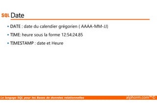 Date 
 DATE : date du calendier grégorien ( AAAA-MM-JJ) 
 TIME: heure sous la forme 12:54:24.85 
 TIMESTAMP : date et Heure 
Le langage SQL pour les Bases de données relationnelles alphorm.com™© 
 