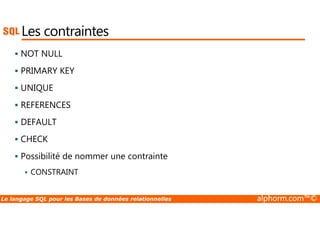 Les contraintes 
 NOT NULL 
 PRIMARY KEY 
 UNIQUE 
 REFERENCES 
 DEFAULT 
 CHECK 
 Possibilité de nommer une contrainte 
 CONSTRAINT 
Le langage SQL pour les Bases de données relationnelles alphorm.com™© 
 