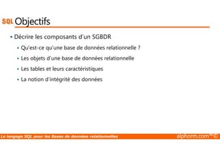 Objectifs 
 Décrire les composants d’un SGBDR 
 Qu’est-ce qu’une base de données relationnelle ? 
 Les objets d’une base de données relationnelle 
 Les tables et leurs caractéristiques 
 La notion d’intégrité des données 
Le langage SQL pour les Bases de données relationnelles alphorm.com™© 
 