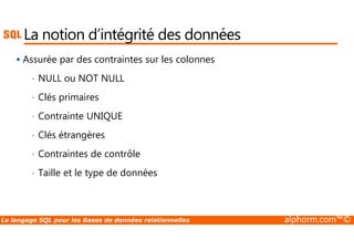 La notion d’intégrité des données 
 Assurée par des contraintes sur les colonnes 
• NULL ou NOT NULL 
• Clés primaires 
• Contrainte UNIQUE 
• Clés étrangères 
• Contraintes de contrôle 
• Taille et le type de données 
Le langage SQL pour les Bases de données relationnelles alphorm.com™© 
 