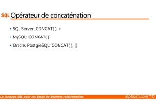 Opérateur de concaténation 
 SQL Server: CONCAT( ), + 
 MySQL: CONCAT( ) 
 Oracle, PostgreSQL: CONCAT( ), || 
Le langage SQL pour les Bases de données relationnelles alphorm.com™© 
 