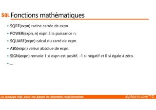 Fonctions mathématiques 
 SQRT(expn) racine carrée de expn. 
 POWER(expn, n) expn à la puissance n. 
 SQUARE(expn) calcul du carré de expn. 
 ABS(expn) valeur absolue de expn. 
 SIGN(expn) renvoie 1 si expn est positif, -1 si négatif et 0 si égale à zéro. 
 ... 
Le langage SQL pour les Bases de données relationnelles alphorm.com™© 
 