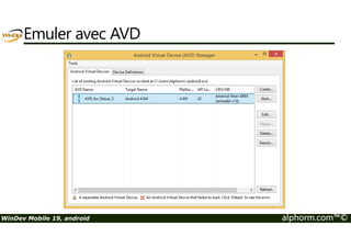La programmation 
La gestion 
Site : http://www.alphorm.com 
Blog : http://www.alphorm.com/blog 
Forum : http://www.alphorm.com/forum 
multi-plateformes 
Nicolas Ungern-sternberg 
Formateur et gérant d’informatique des 2 caps 
n.ungern@informatiquedes2caps.com 
WinDev Mobile 19, android alphorm.com™© 
 