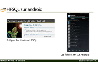 HFSQL sur android 
Intégrer les librairies HFSQL 
Les fichiers HF sur Android 
WinDev Mobile 19, android alphorm.com™© 
 
