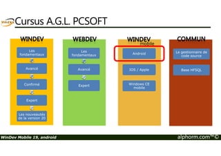 Cursus A.G.L. PCSOFT 
Les 
fondamentaux 
Avancé 
Android 
IOS / Apple 
Le gestionnaire de 
code source 
Base HFSQL 
mobile 
Les 
fondamentaux 
Avancé 
Confirmé 
Expert 
Les nouveautés 
de la version 20 
Windows CE 
mobile 
Expert 
WinDev Mobile 19, android alphorm.com™© 
 