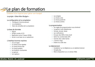 Le plan de formation 
Création d’un logiciel pour gérer son budget 
Le projet « Gérer Mon Budget » 
La configuration et la compilation 
 Configurer l'environnement 
 La compilation 
 Dans les entrailles de la compilation 
La base de données 
 SQLite 
 HFSQL Locale et C/S 
 Les widgets 
 Le champ carte 
 Le champ publicité 
 Le champ caméra 
La programmation 
 Les règles de programmation sous Android 
 La gestion multi-plateformes 
 Simuler, émuler, tester 
 Les notifications 
 Réplication entre 2 bases HFSQL 
 Accès à une base via un webservice 
L'interface homme-machine 
 Les ancrages 
 Le champ zone répétée 
 Le champ Action Bar 
 Le champ graphe 
 Les fenêtres coulissantes 
 La gesture 
 Les capteurs 
 Envoyer des SMS et des email 
 Gérer les coordonnées GPS 
 Scanner des codes-barres 
 L’achat In-App 
 Insérer du code Java 
Le déploiement 
 Installation sur le téléphone ou la tablette Android 
 Google play 
 Mise à disposition sur un serveur Web 
WinDev Mobile 19, android alphorm.com™© 
 