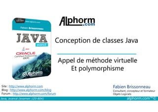 Conception de classes Java
Appel de méthode virtuelle
Java, avancé (examen 1Z0-804) alphorm.com™©
Fabien Brissonneau
Consultant, concepteur et formateur
Objets Logiciels
Site : http://www.alphorm.com
Blog : http://www.alphorm.com/blog
Forum : http://www.alphorm.com/forum
Appel de méthode virtuelle
Et polymorphisme
 
