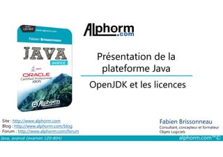 Présentation de la
plateforme Java
OpenJDK et les licences
Java, avancé (examen 1Z0-804) alphorm.com™©
Fabien Brissonneau
Consultant, concepteur et formateur
Objets Logiciels
Site : http://www.alphorm.com
Blog : http://www.alphorm.com/blog
Forum : http://www.alphorm.com/forum
OpenJDK et les licences
 