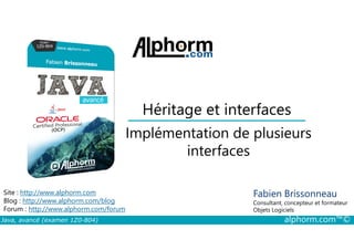 Héritage et interfaces
Implémentation de plusieurs
Java, avancé (examen 1Z0-804) alphorm.com™©
Fabien Brissonneau
Consultant, concepteur et formateur
Objets Logiciels
Site : http://www.alphorm.com
Blog : http://www.alphorm.com/blog
Forum : http://www.alphorm.com/forum
Implémentation de plusieurs
interfaces
 