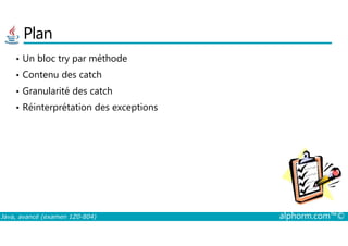 Plan
• Un bloc try par méthode
• Contenu des catch
• Granularité des catch
• Réinterprétation des exceptions
Java, avancé (examen 1Z0-804) alphorm.com™©
 