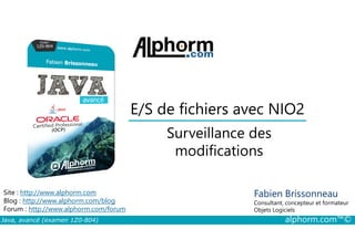 E/S de fichiers avec NIO2
Surveillance des
Java, avancé (examen 1Z0-804) alphorm.com™©
Fabien Brissonneau
Consultant, concepteur et formateur
Objets Logiciels
Site : http://www.alphorm.com
Blog : http://www.alphorm.com/blog
Forum : http://www.alphorm.com/forum
Surveillance des
modifications
 