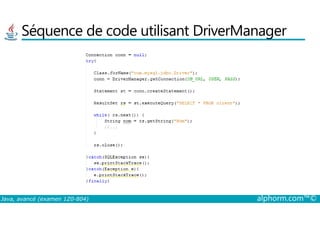 Séquence de code utilisant DriverManager
Java, avancé (examen 1Z0-804) alphorm.com™©
 