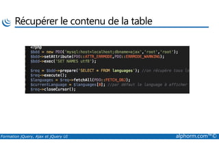 Récupérer le contenu de la table
Formation jQuery, Ajax et jQuery UI alphorm.com™©
 