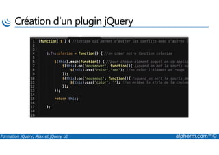 Création d’un plugin jQuery
Formation jQuery, Ajax et jQuery UI alphorm.com™©
 