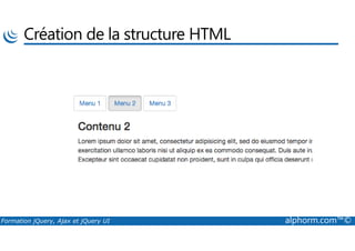 Création de la structure HTML
Formation jQuery, Ajax et jQuery UI alphorm.com™©
 
