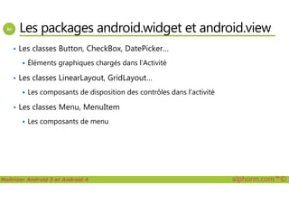 Les packages android.widget et android.view
• Les classes Button, CheckBox, DatePicker…
Éléments graphiques chargés dans l’Activité
• Les classes LinearLayout, GridLayout…
Les composants de disposition des contrôles dans l’activité
Les classes Menu, MenuItem
Maîtriser Android 5 et Android 4 alphorm.com™©
• Les classes Menu, MenuItem
Les composants de menu
 