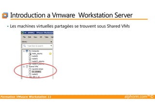 Introduction a Vmware Workstation Server
• Les machines virtuelles partagées se trouvent sous Shared VMs
Formation VMware Workstation 11 alphorm.com™©
 