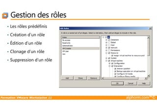 Gestion des rôles
• Les rôles prédéfinis
• Création d’un rôle
• Édition d’un rôle
• Clonage d’un rôle
Formation VMware Workstation 11 alphorm.com™©
• Suppression d’un rôle
 