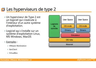 Les hyperviseurs de type 2
• Un hyperviseur de Type 2 est
un logiciel qui s'exécute à
l'intérieur d'un autre système
d'exploitation.
• Logiciel qui s’installe sur un
système d’exploitation Linux,
Formation VMware Workstation 11 alphorm.com™©
système d’exploitation Linux,
MS Windows, MacOS
• Exemples :
VMware Workstation
XenClient
VirtualBox
 