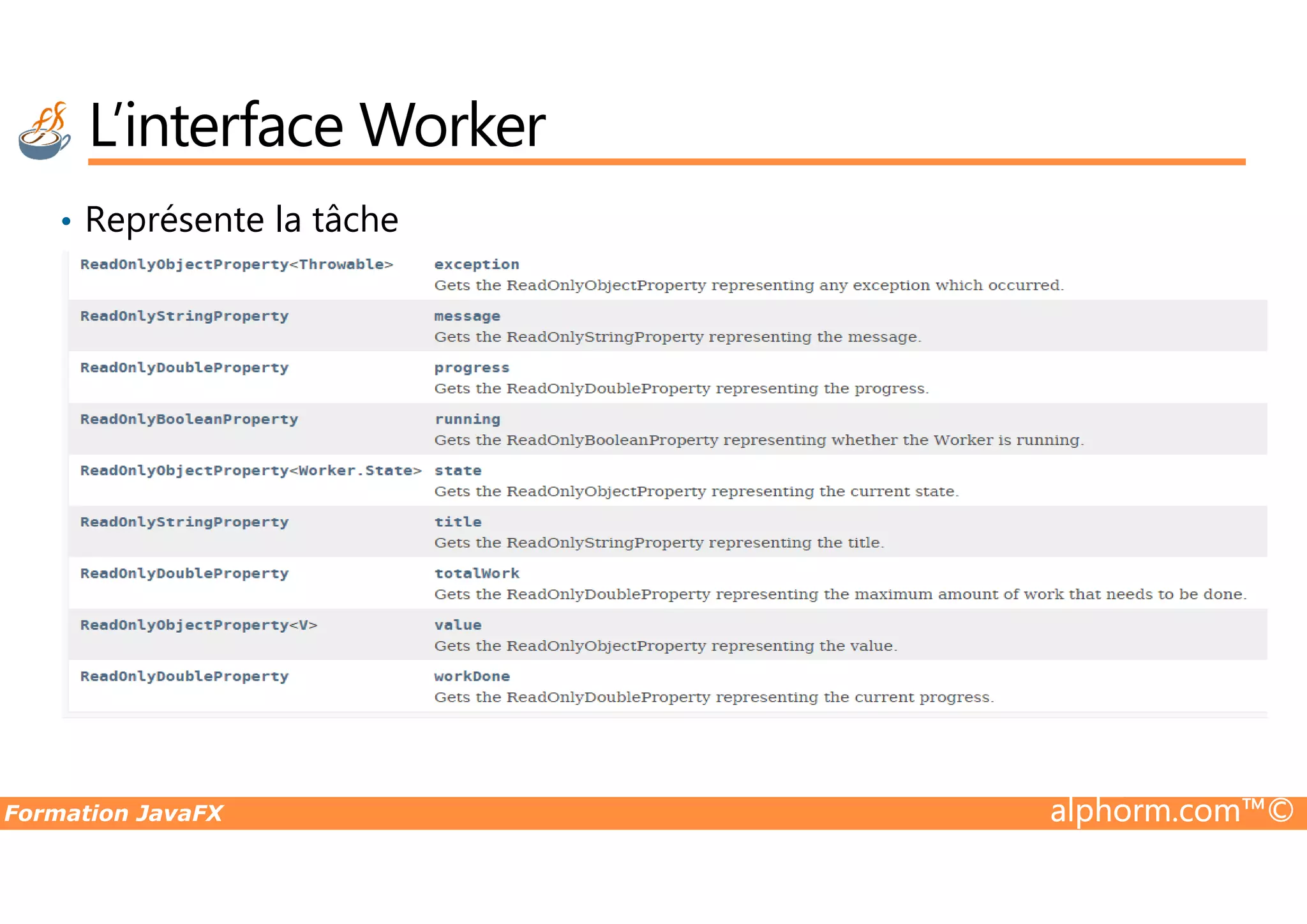 • Représente la tâche L’interface Worker Formation JavaFX alphorm.com™© 