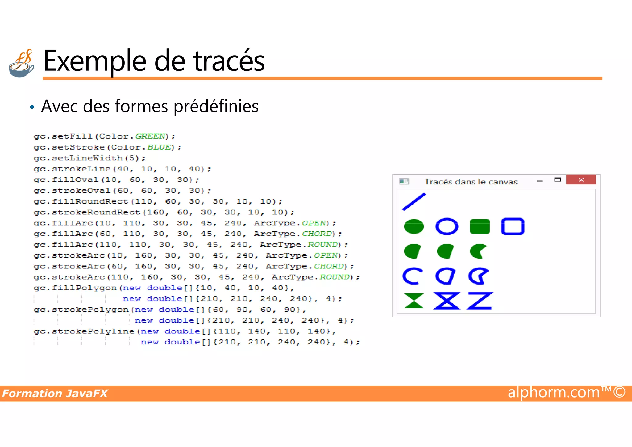 • Avec des formes prédéfinies Exemple de tracés Formation JavaFX alphorm.com™© 